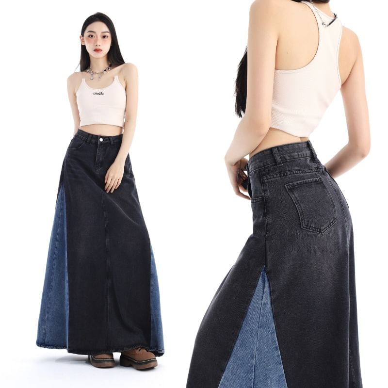 Washed Denim Panel Maxi A-Line Skirt with High Waist