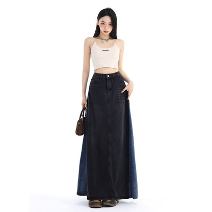 Washed Denim Panel Maxi A-Line Skirt with High Waist