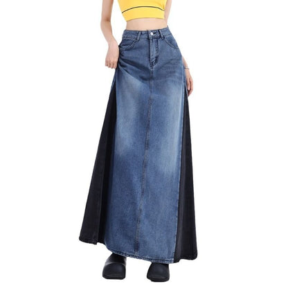 Washed Denim Panel Maxi A-Line Skirt with High Waist