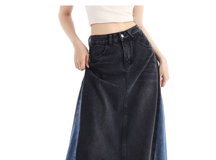 Washed Denim Panel Maxi A-Line Skirt with High Waist