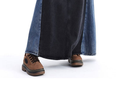Washed Denim Panel Maxi A-Line Skirt with High Waist
