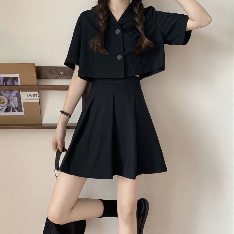 Button-Up Short-Sleeve Blazer Set with Mini Skirt