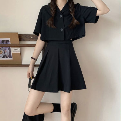 Button-Up Short-Sleeve Blazer Set with Mini Skirt