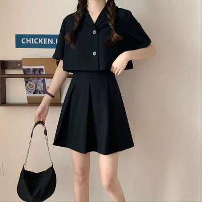 Button-Up Short-Sleeve Blazer Set with Mini Skirt