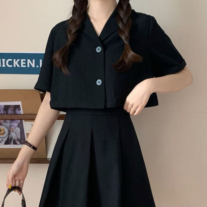 Button-Up Short-Sleeve Blazer Set with Mini Skirt