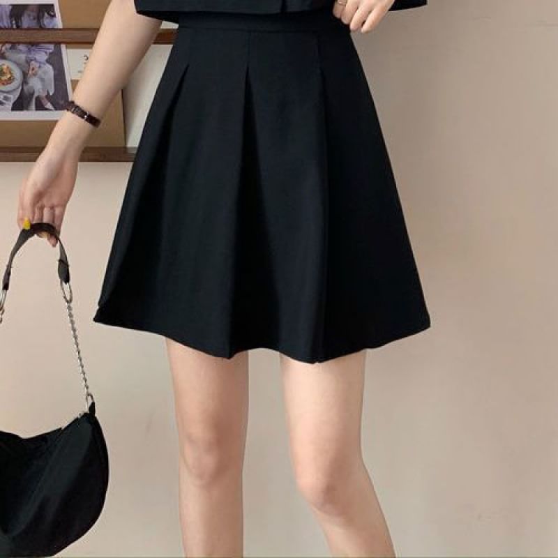 Button-Up Short-Sleeve Blazer Set with Mini Skirt