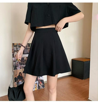Button-Up Short-Sleeve Blazer Set with Mini Skirt