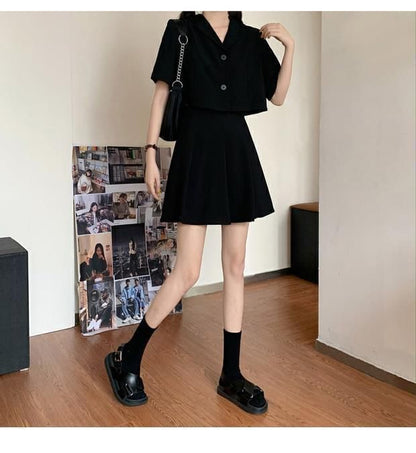 Button-Up Short-Sleeve Blazer Set with Mini Skirt