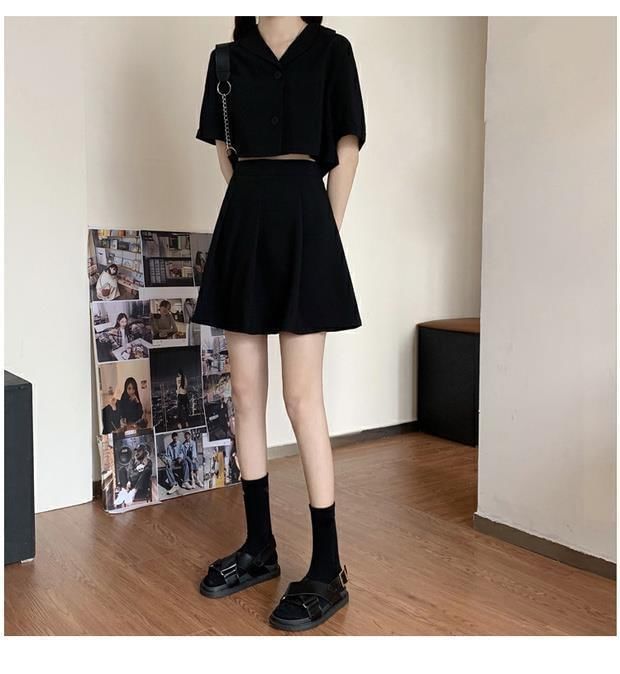 Button-Up Short-Sleeve Blazer Set with Mini Skirt
