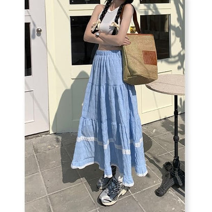 Lace Trim High-Rise Maxi Flared Skirt