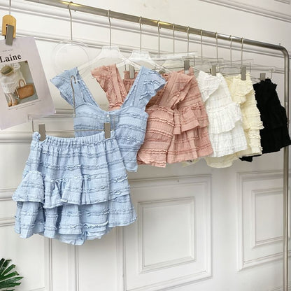 Square Neck Frilled Sleeveless Top with A-Line Mini Skirt Set