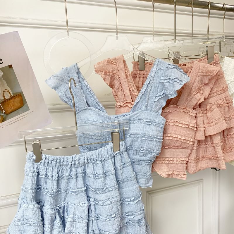 Square Neck Frilled Sleeveless Top with A-Line Mini Skirt Set