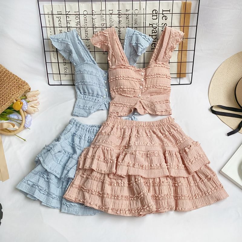 Square Neck Frilled Sleeveless Top with A-Line Mini Skirt Set