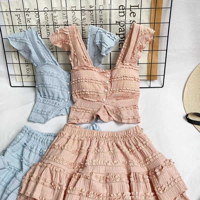 Square Neck Frilled Sleeveless Top with A-Line Mini Skirt Set