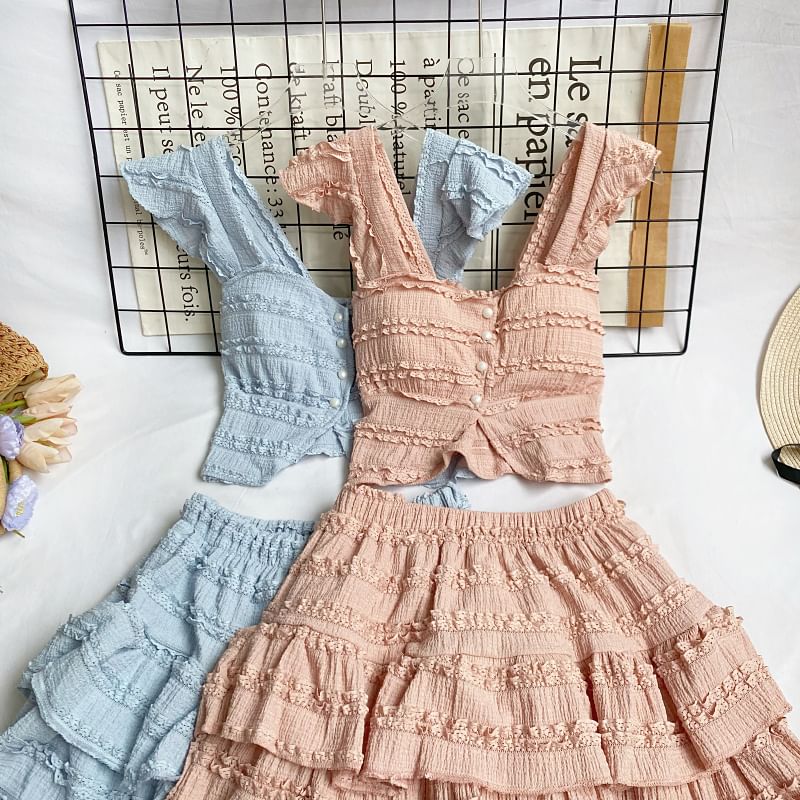 Square Neck Frilled Sleeveless Top with A-Line Mini Skirt Set