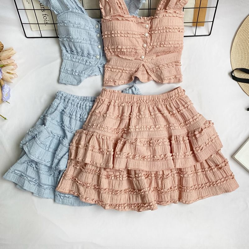 Square Neck Frilled Sleeveless Top with A-Line Mini Skirt Set