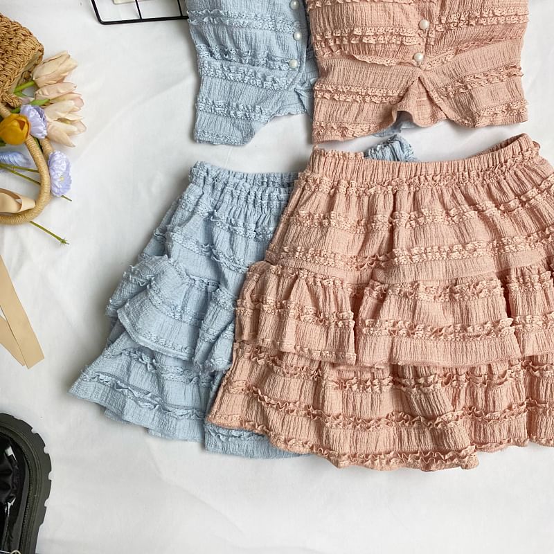 Square Neck Frilled Sleeveless Top with A-Line Mini Skirt Set