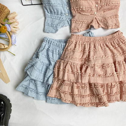 Square Neck Frilled Sleeveless Top with A-Line Mini Skirt Set