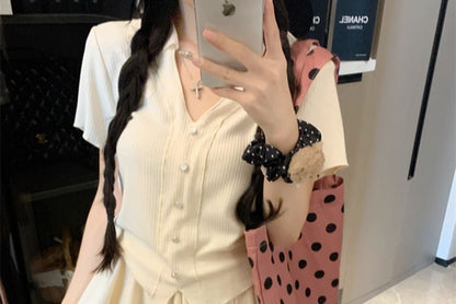V-Neck Short-Sleeve Tee with High-Waist Mini Flared Skirt