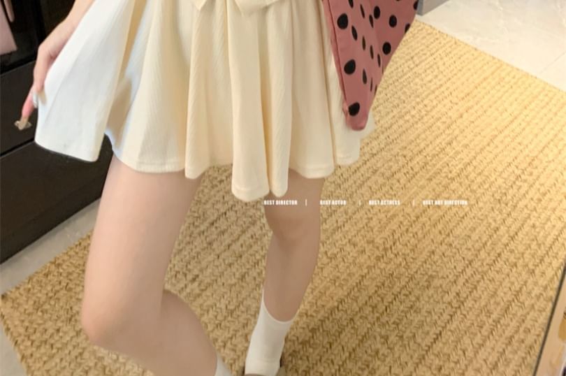 V-Neck Short-Sleeve Tee with High-Waist Mini Flared Skirt