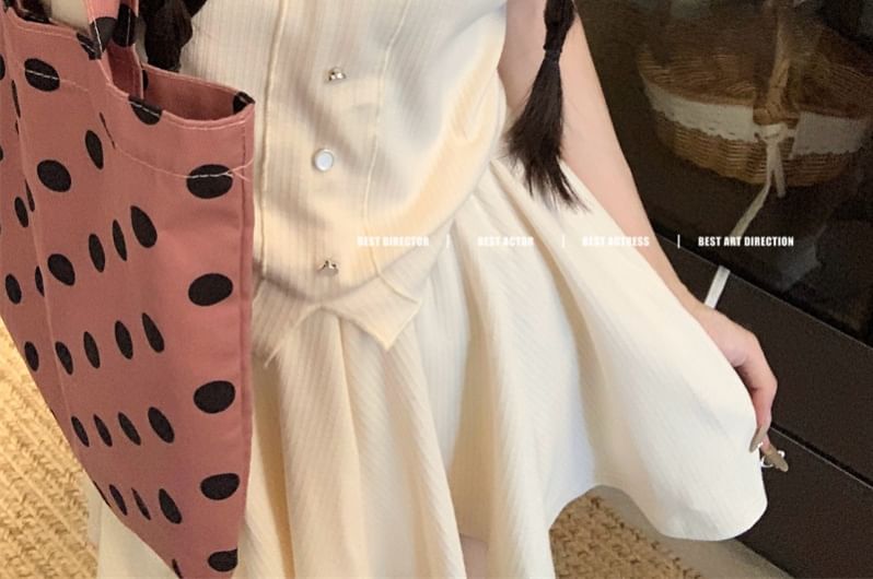 V-Neck Short-Sleeve Tee with High-Waist Mini Flared Skirt