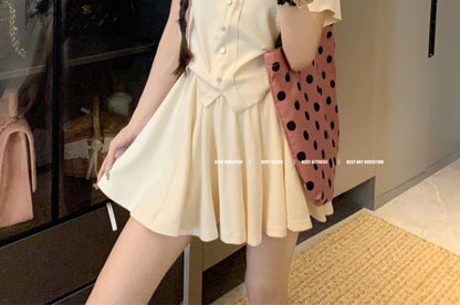 V-Neck Short-Sleeve Tee with High-Waist Mini Flared Skirt