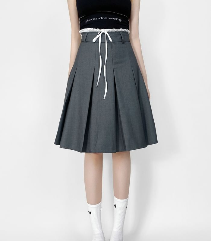 Pleated High-Waist Plain Flared Midi Skirt