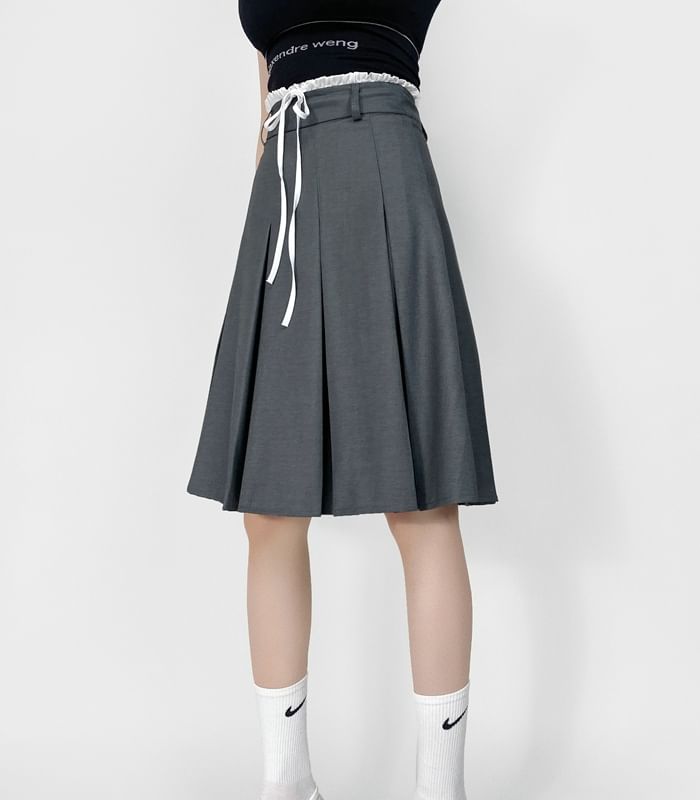 Pleated High-Waist Plain Flared Midi Skirt