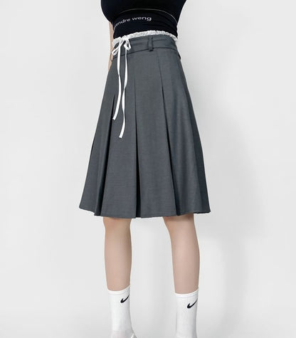 Pleated High-Waist Plain Flared Midi Skirt