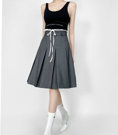 Pleated High-Waist Plain Flared Midi Skirt