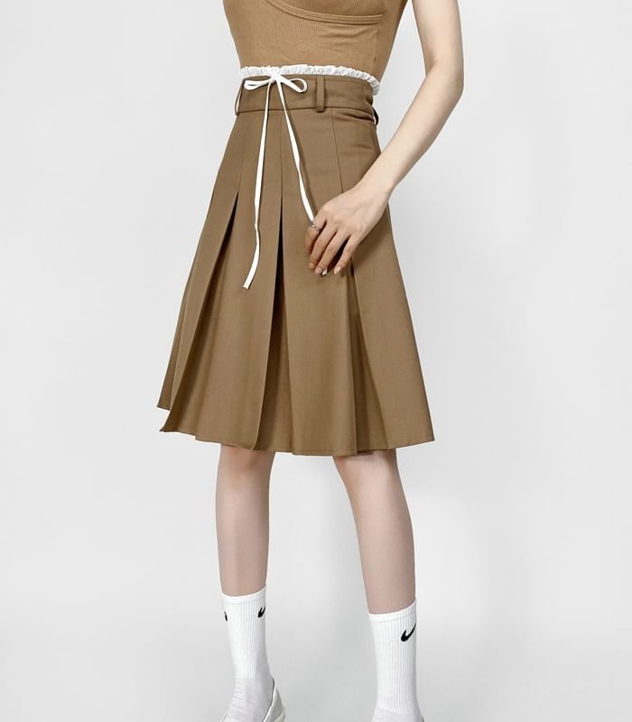 Pleated High-Waist Plain Flared Midi Skirt