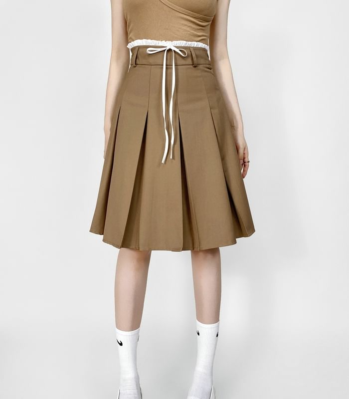 Pleated High-Waist Plain Flared Midi Skirt