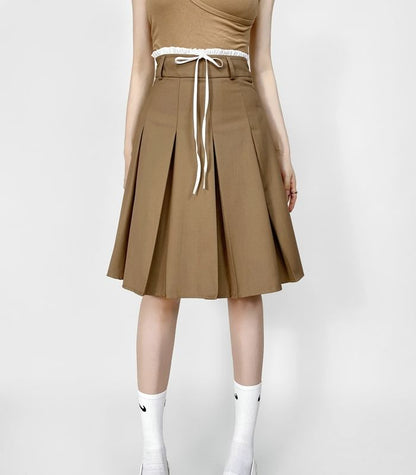 Pleated High-Waist Plain Flared Midi Skirt