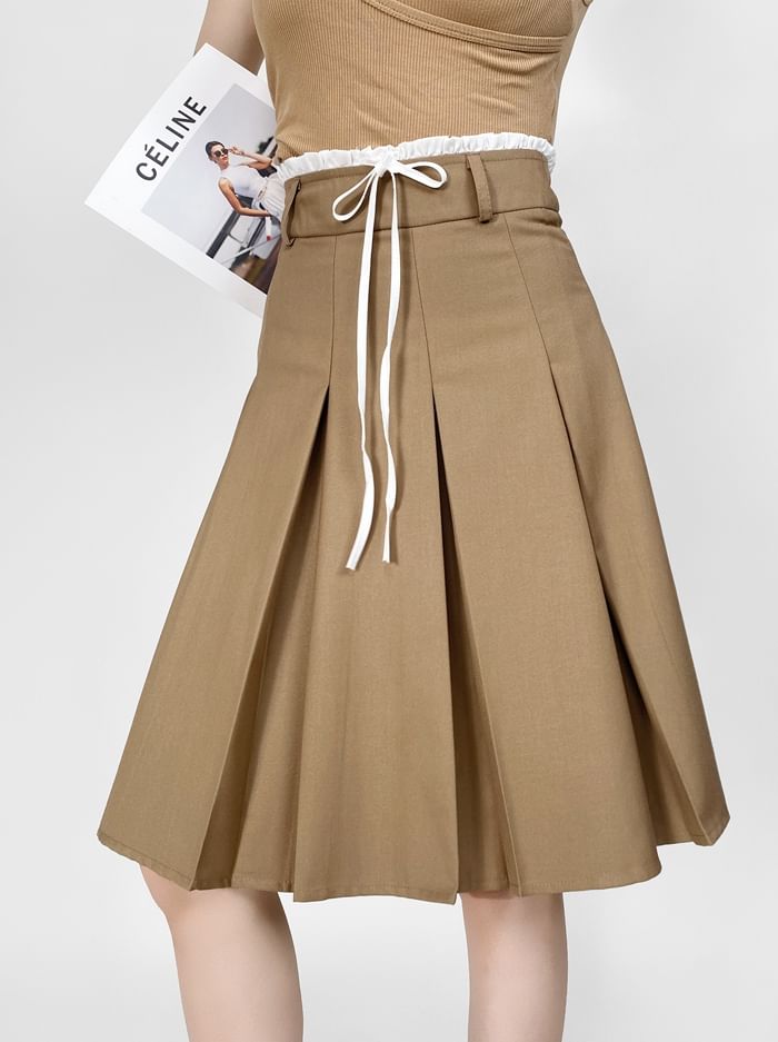 Pleated High-Waist Plain Flared Midi Skirt