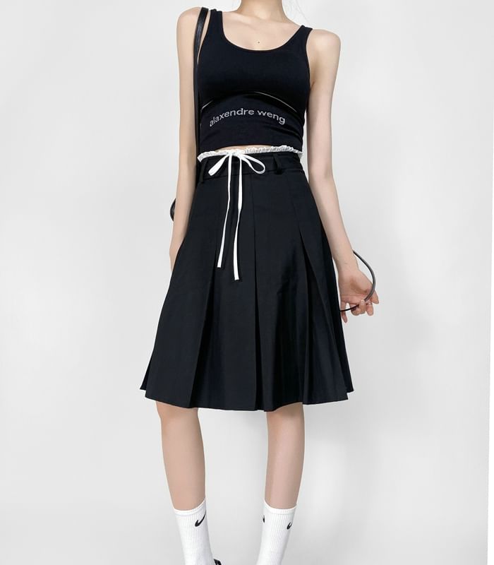 Pleated High-Waist Plain Flared Midi Skirt