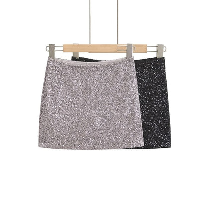 Sequin-Embellished Pencil Mini Skirt with Elevated Waist