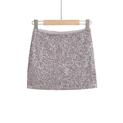 Sequin-Embellished Pencil Mini Skirt with Elevated Waist