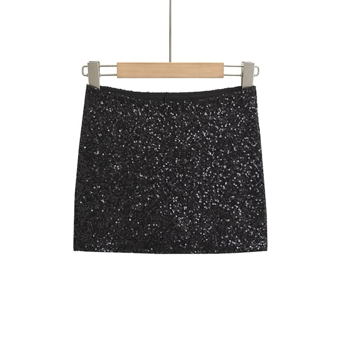Sequin-Embellished Pencil Mini Skirt with Elevated Waist
