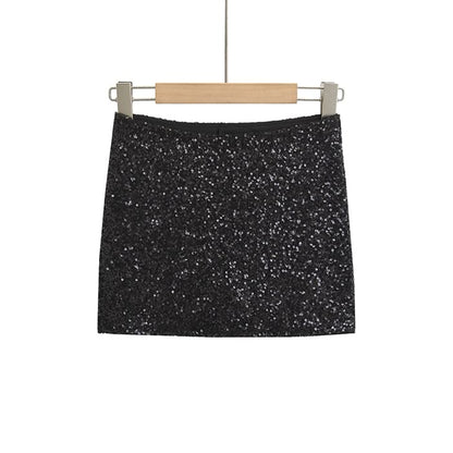 Sequin-Embellished Pencil Mini Skirt with Elevated Waist