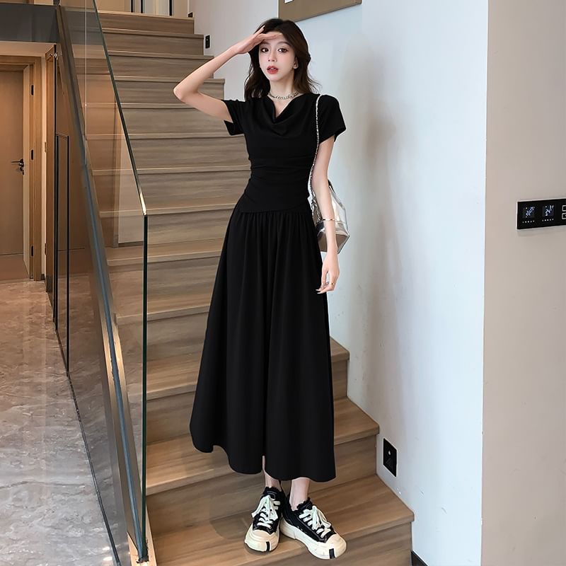 Cowl Neck Asymmetrical Slim Tee with Midi Flared Skirt Set