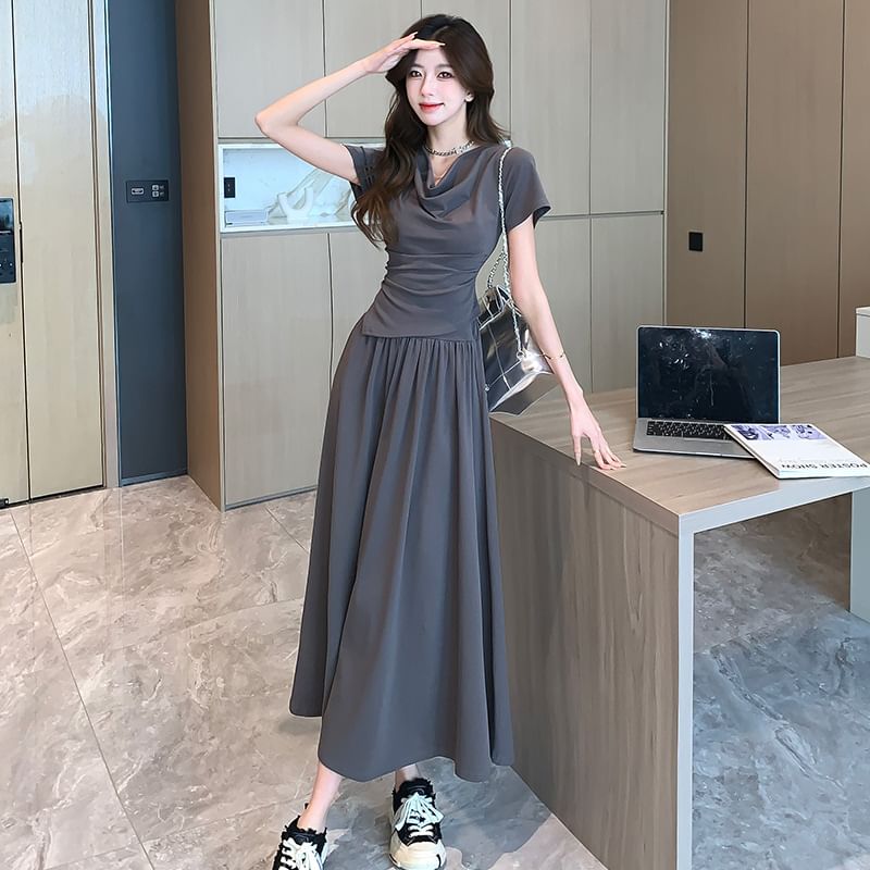 Cowl Neck Asymmetrical Slim Tee with Midi Flared Skirt Set