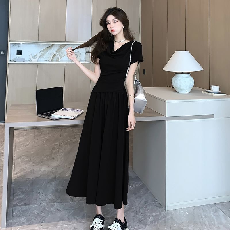 Cowl Neck Asymmetrical Slim Tee with Midi Flared Skirt Set
