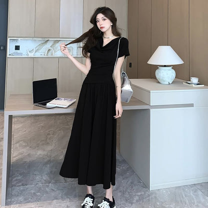 Cowl Neck Asymmetrical Slim Tee with Midi Flared Skirt Set