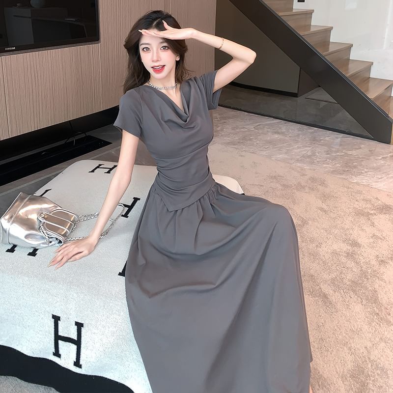 Cowl Neck Asymmetrical Slim Tee with Midi Flared Skirt Set