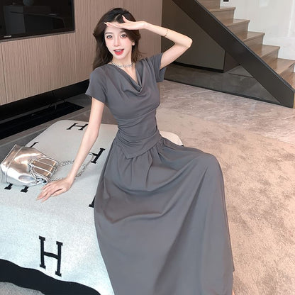 Cowl Neck Asymmetrical Slim Tee with Midi Flared Skirt Set