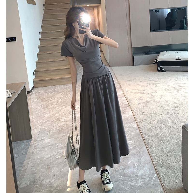 Cowl Neck Asymmetrical Slim Tee with Midi Flared Skirt Set