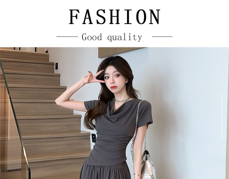Cowl Neck Asymmetrical Slim Tee with Midi Flared Skirt Set