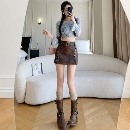 Grommet Washed Faux Leather Slit Mini Pencil Skirt with Belt