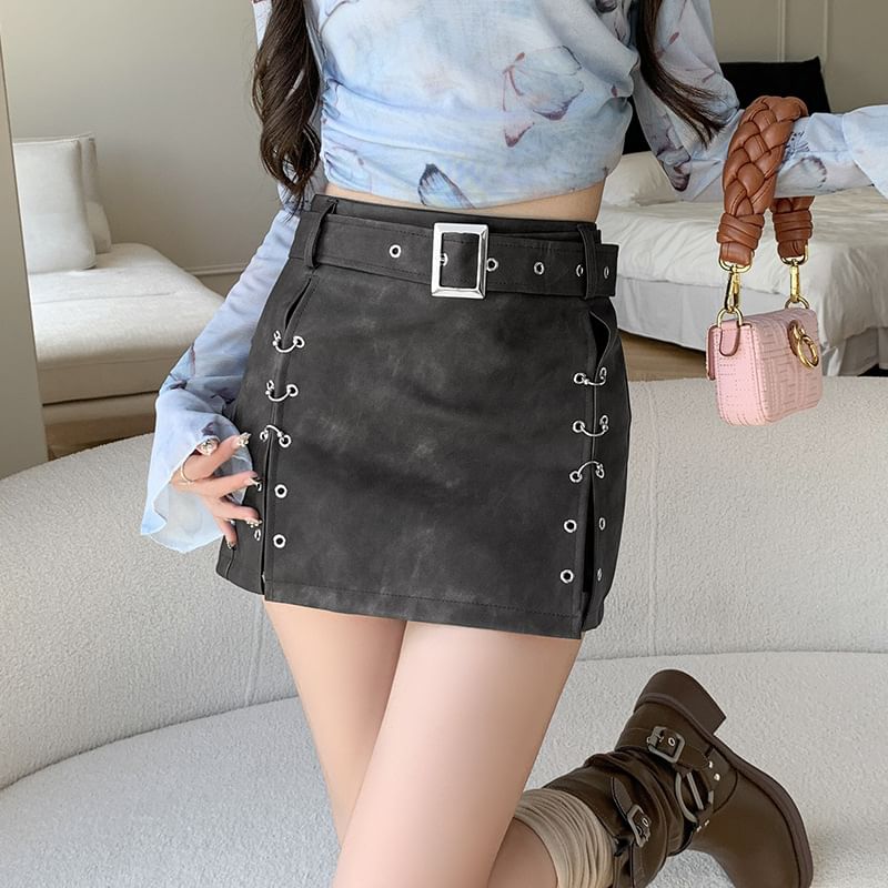 Grommet Washed Faux Leather Slit Mini Pencil Skirt with Belt