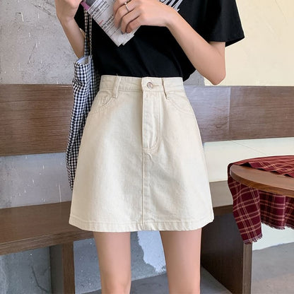 Faded Denim A-Line Mini Skirt with Elevated Waistline